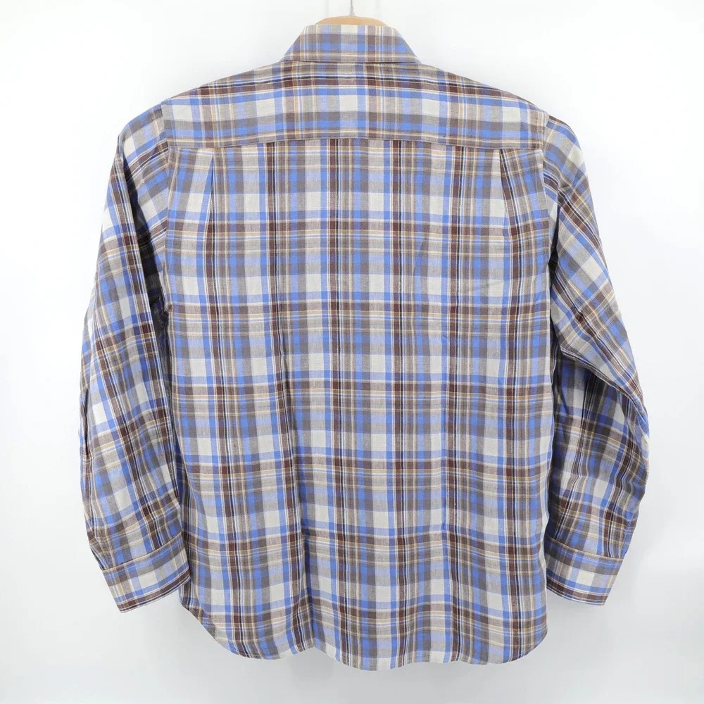 Bullock & Jones 100% Linen‎ Button Up Long Sleeve Shirt Blue Brown Plaid Mens XL